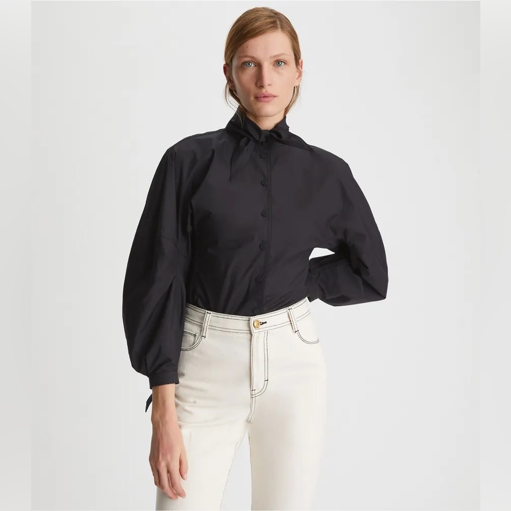 Tory Burch Cotton Poplin Bow‎ Blouse in Black Size 12